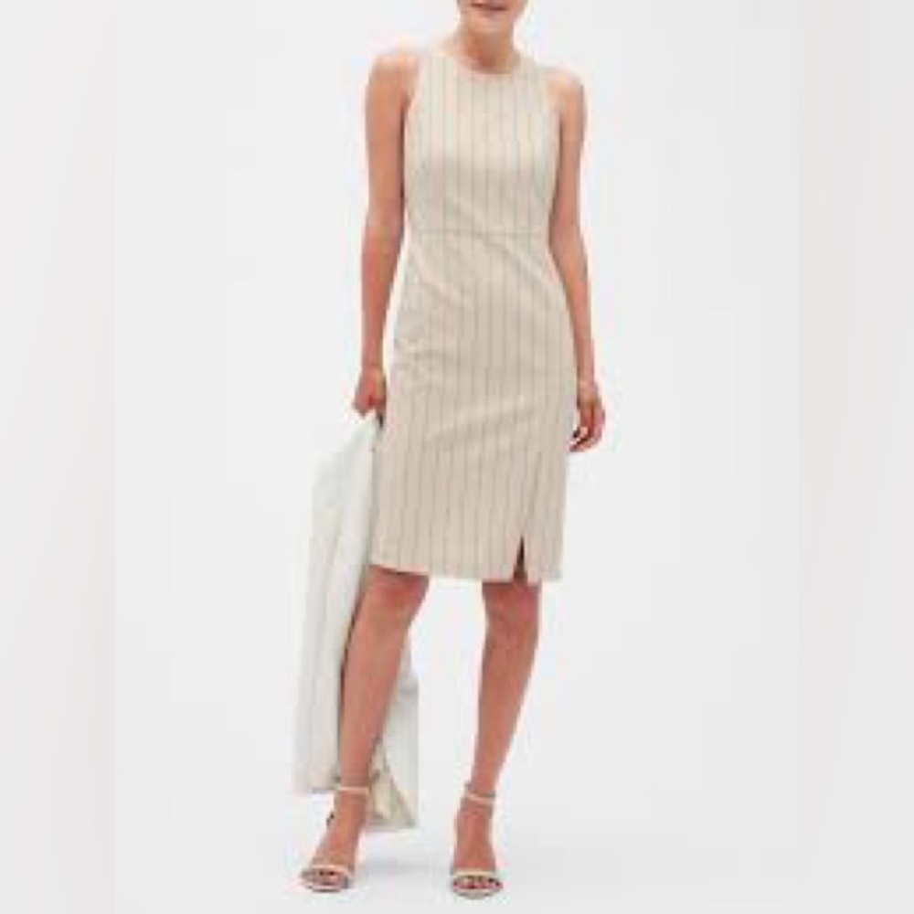 NWT BR Sz 4P Petite Pinstripe Sheath Dress Off White Navy Stripe Lined